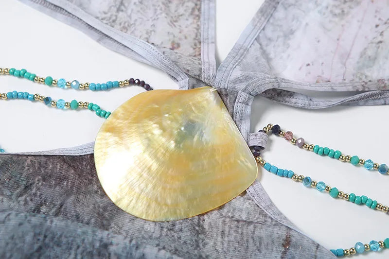 שמלת מקסי שיפון בעיטור שרשראות חרוזים וצדפת זהב - פלישיה