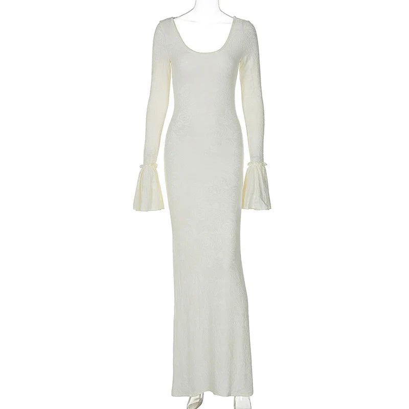 שמלת מקסי בעיטור רקמת פרחים שרוולי פעמון - הלן