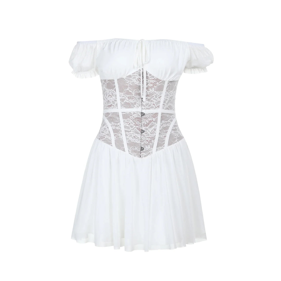 Off-the-shoulder balloon mini dress with lace trim - Fudge