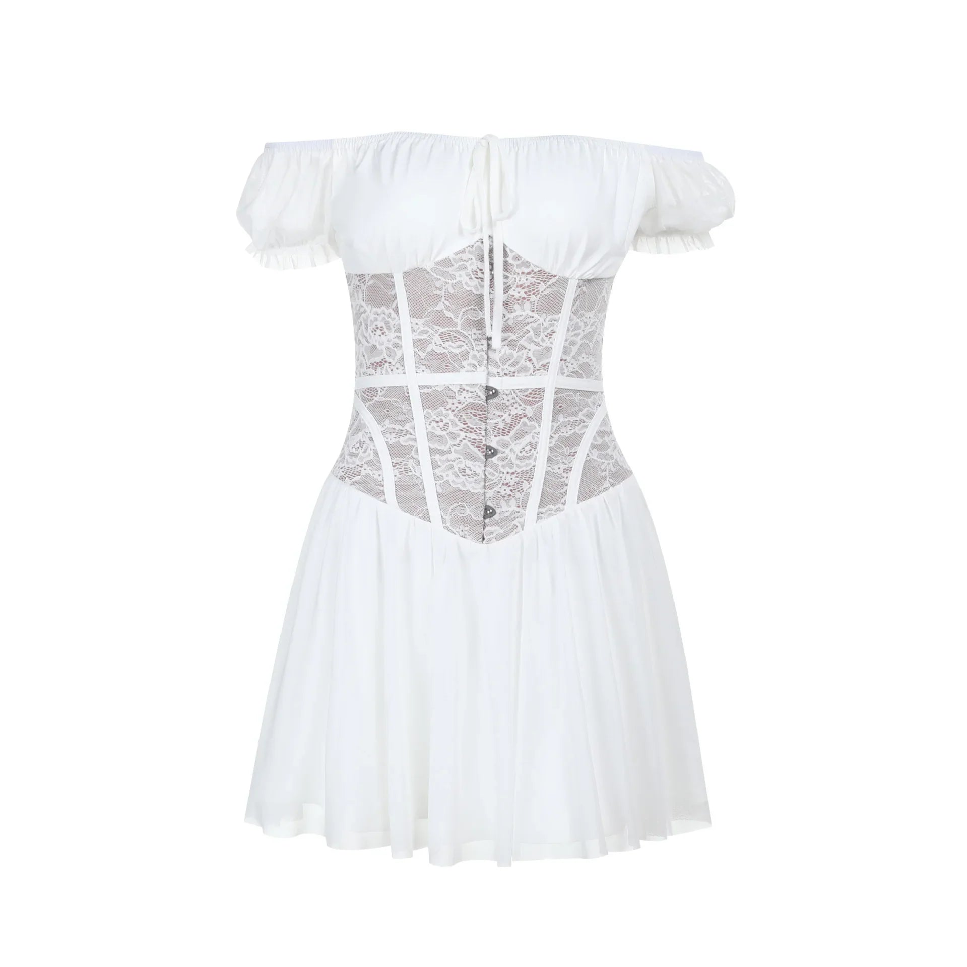 שמלת מיני בלון כתפיים חשופות בעיטור תחרה - פאדג'