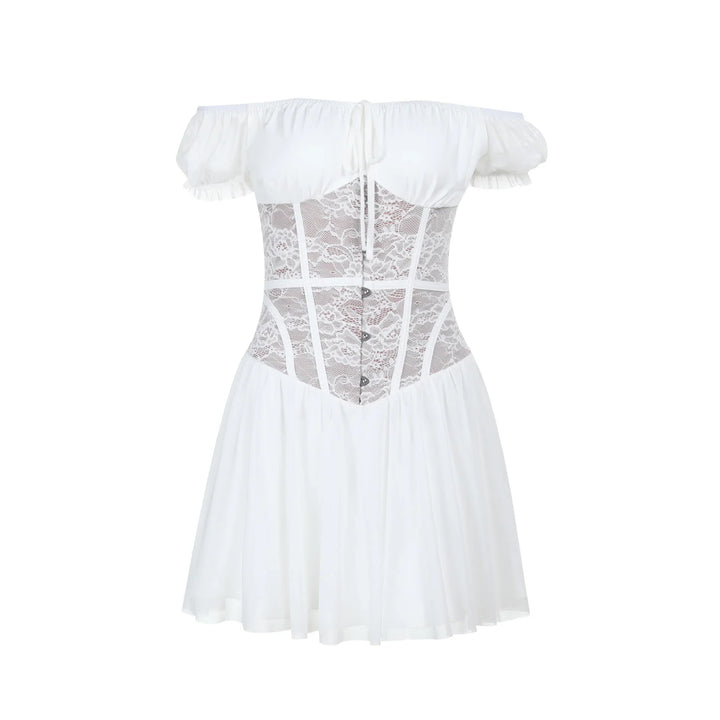 Off-the-shoulder balloon mini dress with lace trim - Fudge