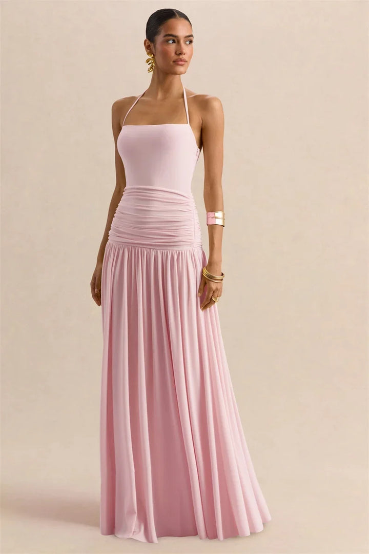 Pleated maxi dress with a neck tie and open back - Tuval