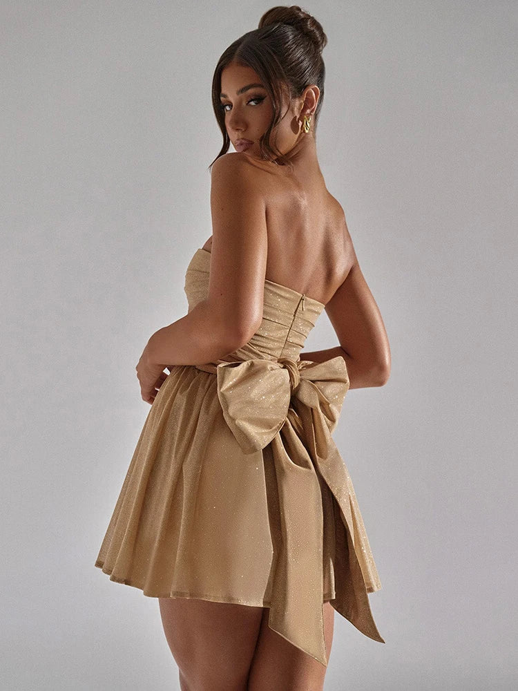 שמלת מיני סטרפלס נצנצים בעיטור קשירה מאחורה - דיימונד