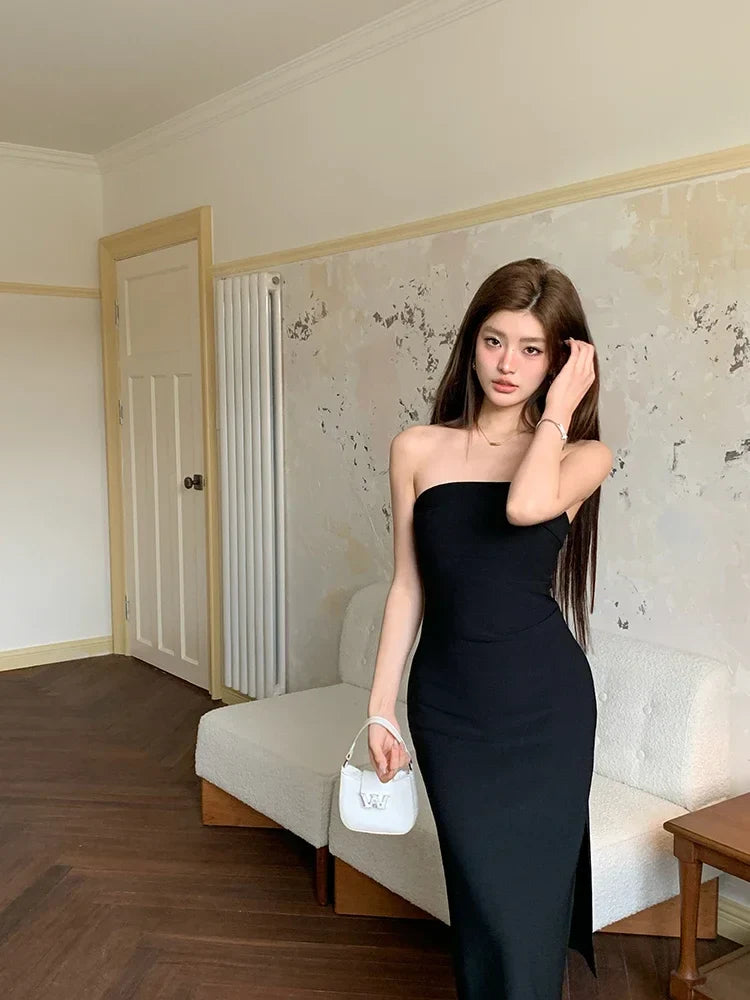 שמלת מידי סטרפלס אלגנטית בעיטור שסע - קורל