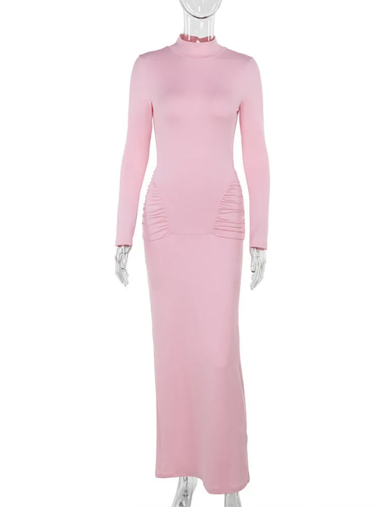 שמלת מקסי גולף בעיטור כיווצים - ורדית