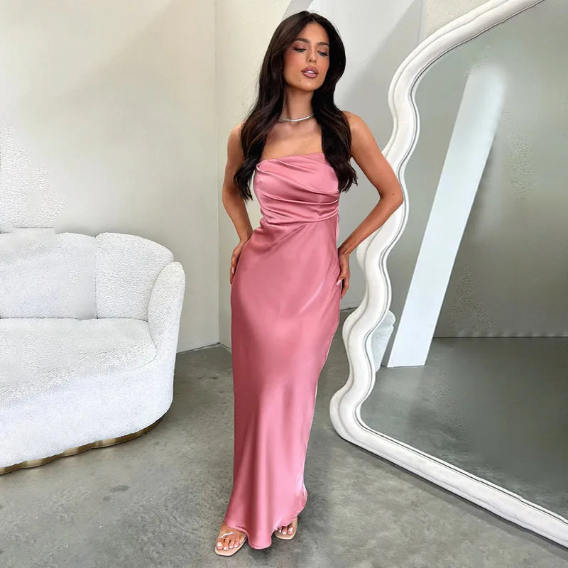 שמלת מקסי סטרפלס סאטן בעיצוב קיפולים - רוזה