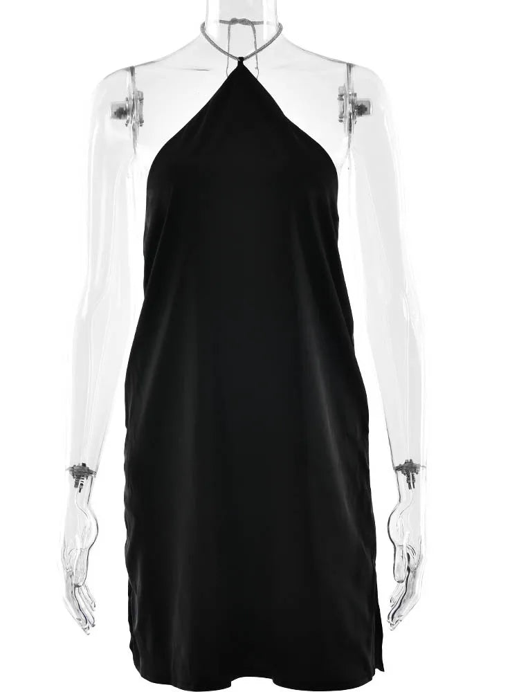 שמלת מיני סאטן בעיצוב חוטי זרקונים מנצנצים לקשירה בצוואר - קולין