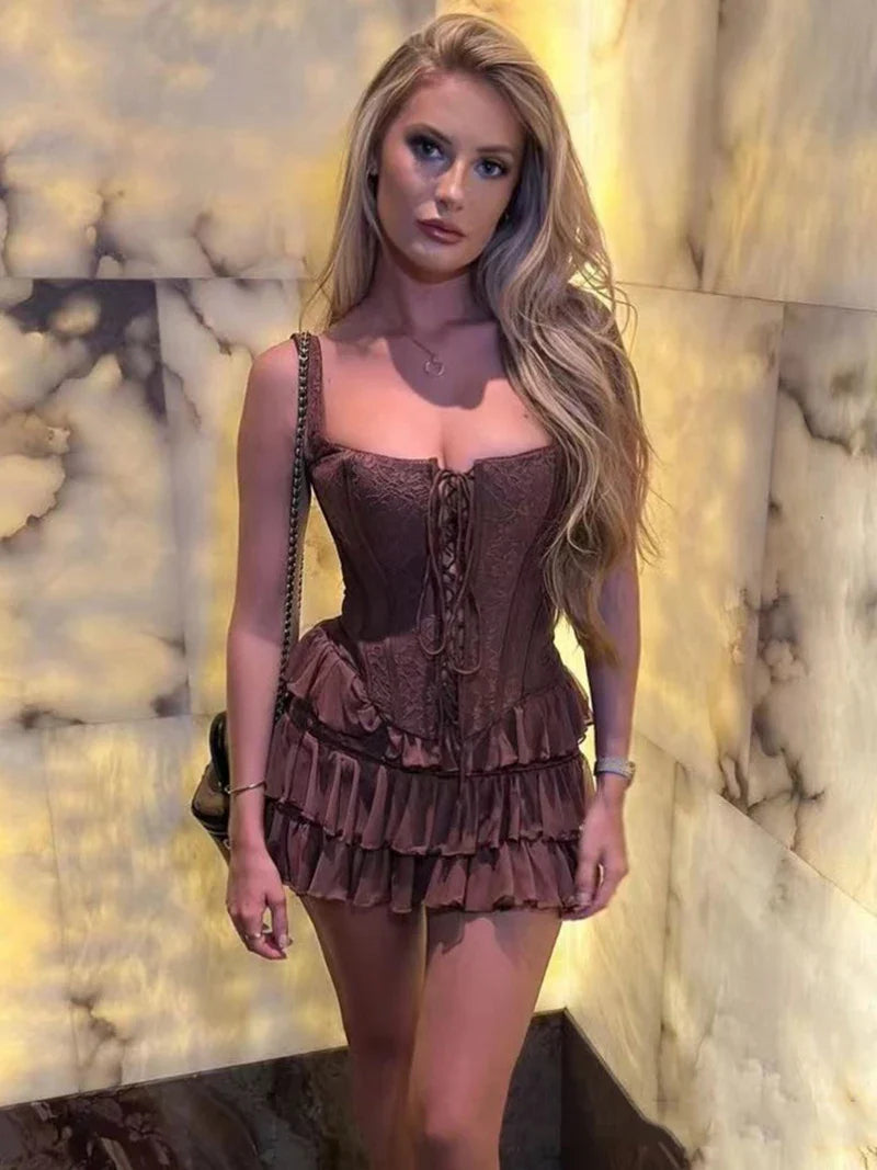 סט שני חלקים טופ מחוך קשירות וחצאית מלמלה מדורגת סטייל וינטג' - סורנטו