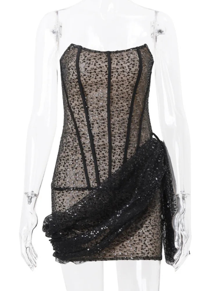 שמלת מיני סטרפלס בעיצוב מחוך בעיטור פייטים - VALENTINA