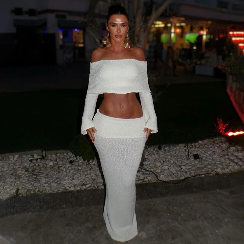 סט שני חלקים סרוג חצאית מקסי וחולצת כתפיים חשופות - עופרי