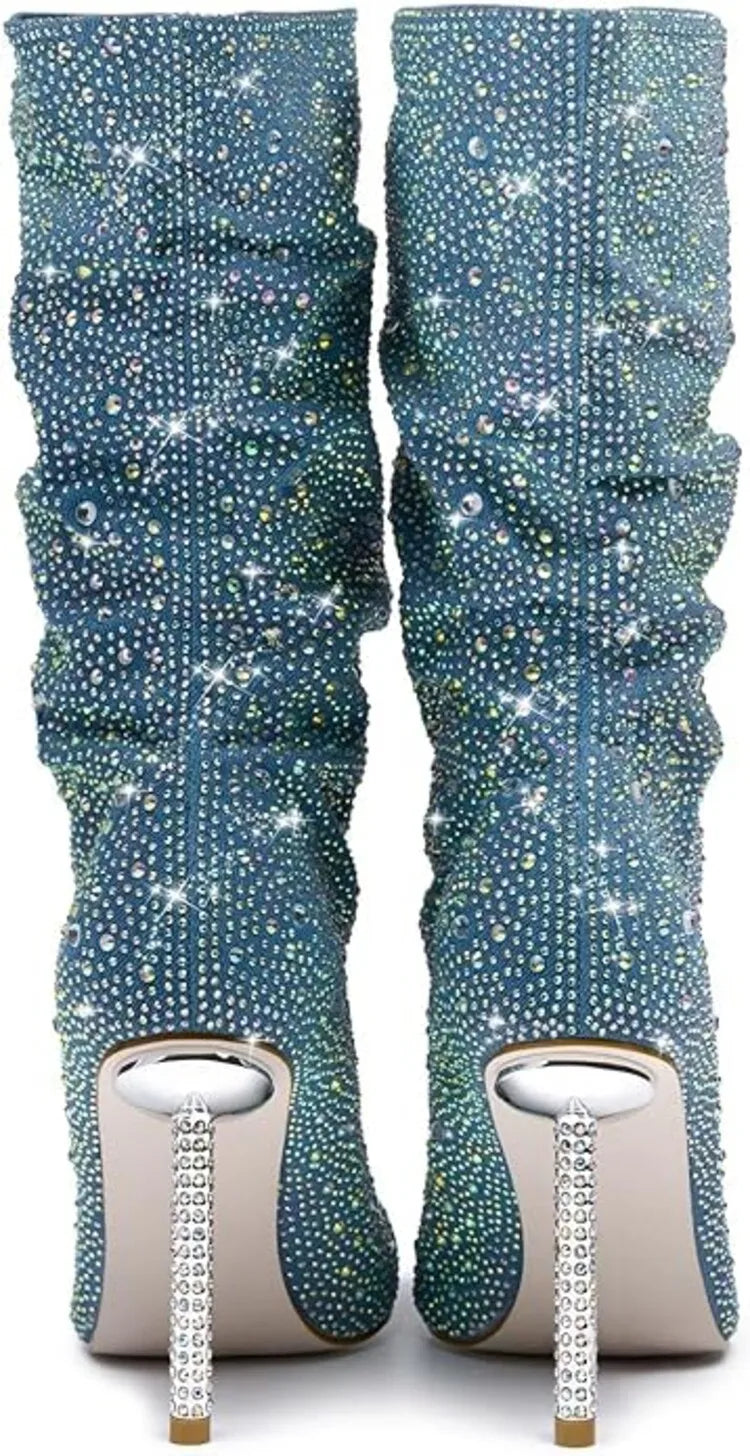 Denim pointed-toe boots with glittering rhinestones - Isabelle
