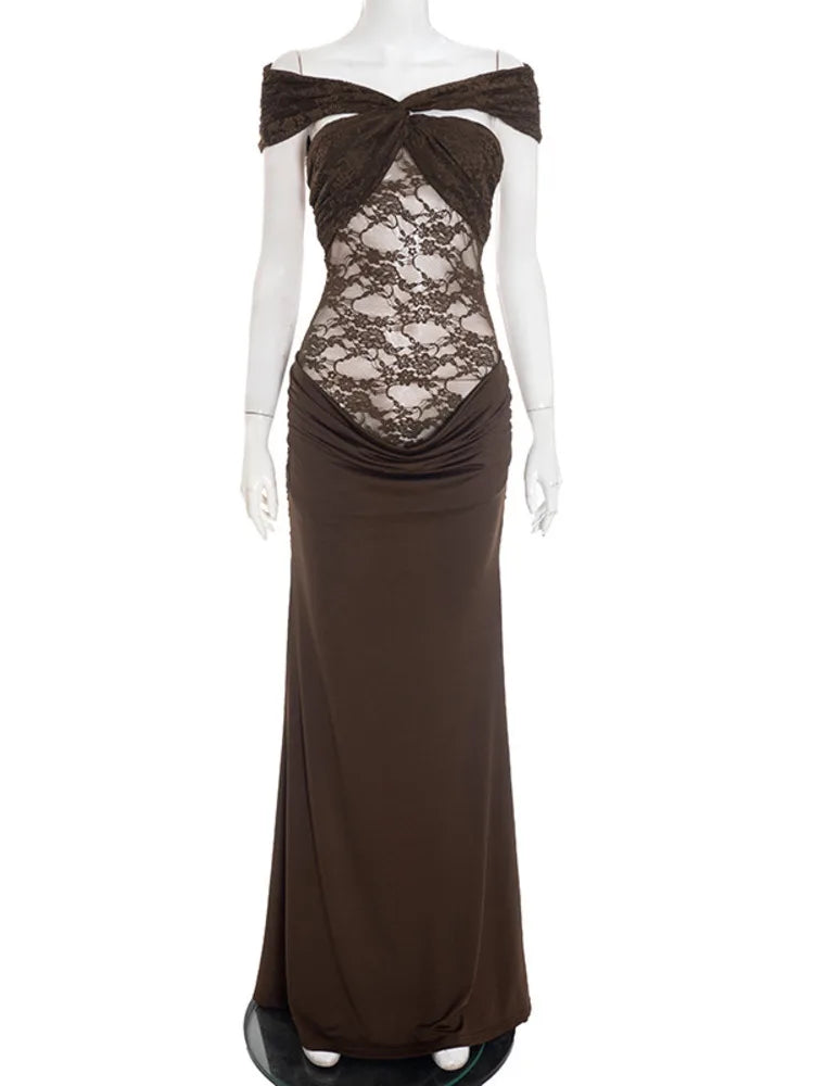 Off-the-shoulder maxi dress with lace design - LINI