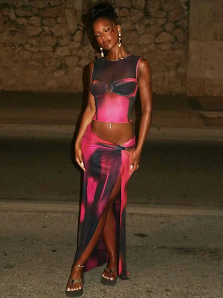 Two-piece set of mesh fabric with tie-dye design, top and maxi skirt with slit decoration - Florence
