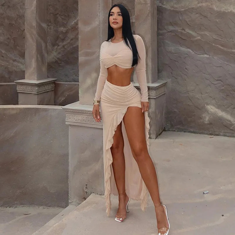 סט שני חלקים בעיצוב כיווצים טופ וחצאית מקסי מלמלה בעיטור שסע - Fernanda