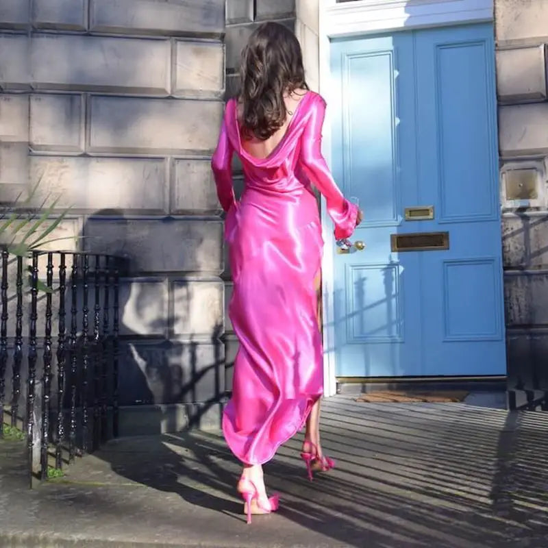 שמלת ערב מקסי סאטן גב פתוח בשילוב שסע ושרוולי פעמון  - מריאן