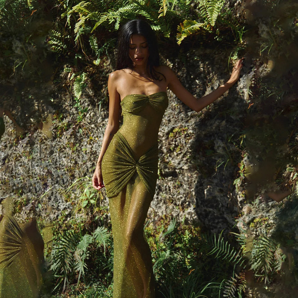 שמלת סטרפלס מקסי רשת נצנצים בעיטור כיווצים - Haisley