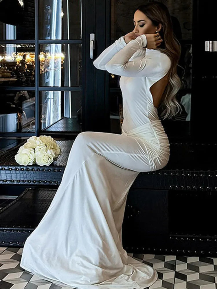 שמלת מקסי צווארון גולף גב פתוח בעיטור כיווצים - אילאיל