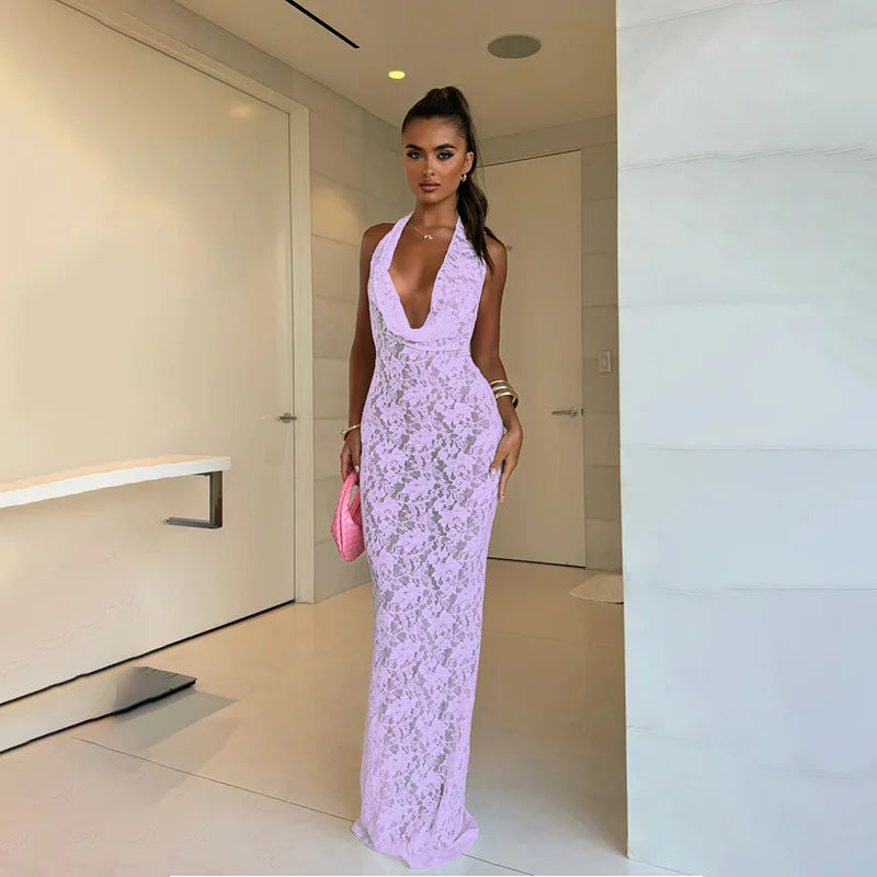 שמלת מקסי תחרה גב פתוח צווארון נופל - וניליה