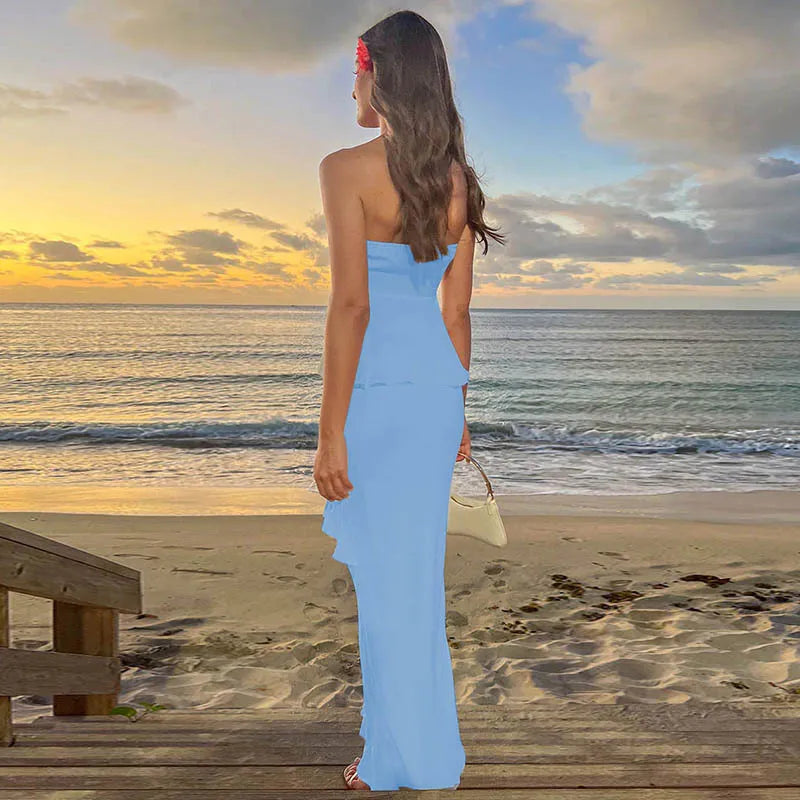 סט שני חלקים טופ סטרפלס וחצאית מקסי בעיטור מלמלה - סאני