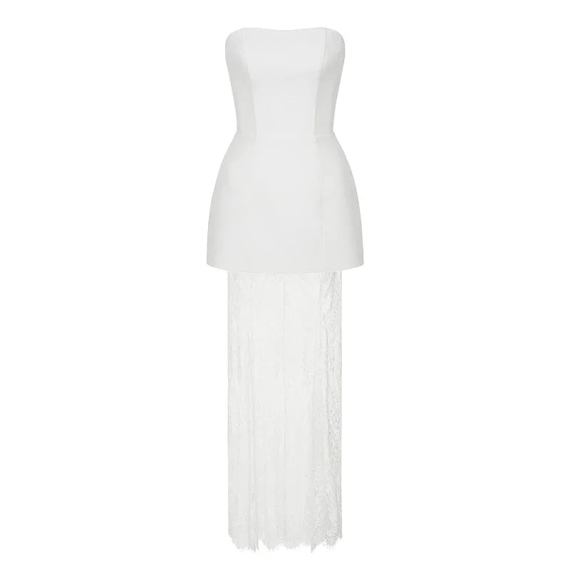 סט שני חלקים אלגנטי טופ סטרפלס וחצאית מקסי תחרה - ג'ולין