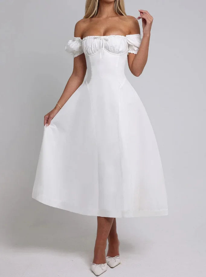 שמלת מקסי בגזרת A בעיצוב כתפיים חשופות שרוולים נפוחים - ג'ינה