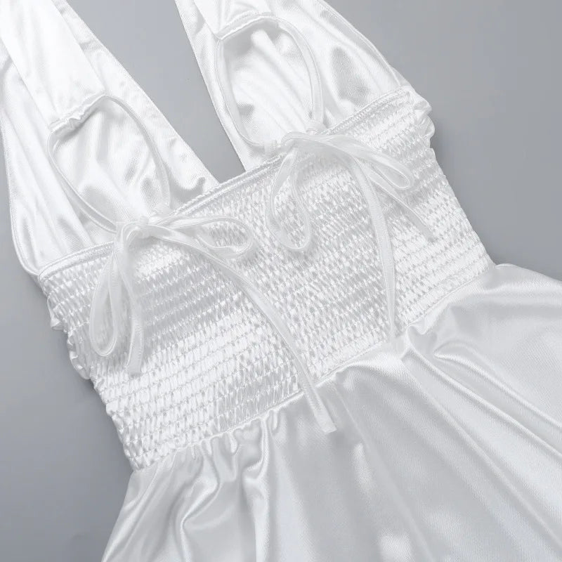 שמלת מיני סאטן בעצוב כיווצים קשירה בכתפיות - Celia