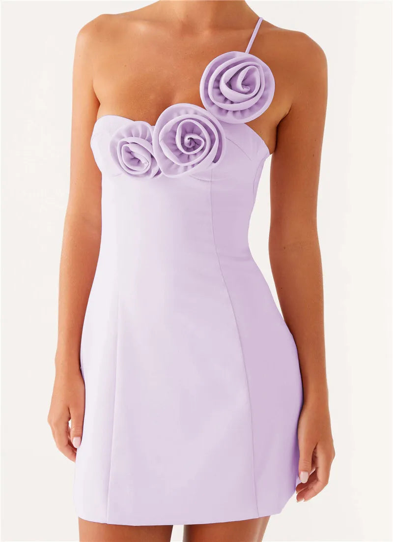 שמלת מיני בעיטור אפליקציות פרחים כתפיה אחת - Annika