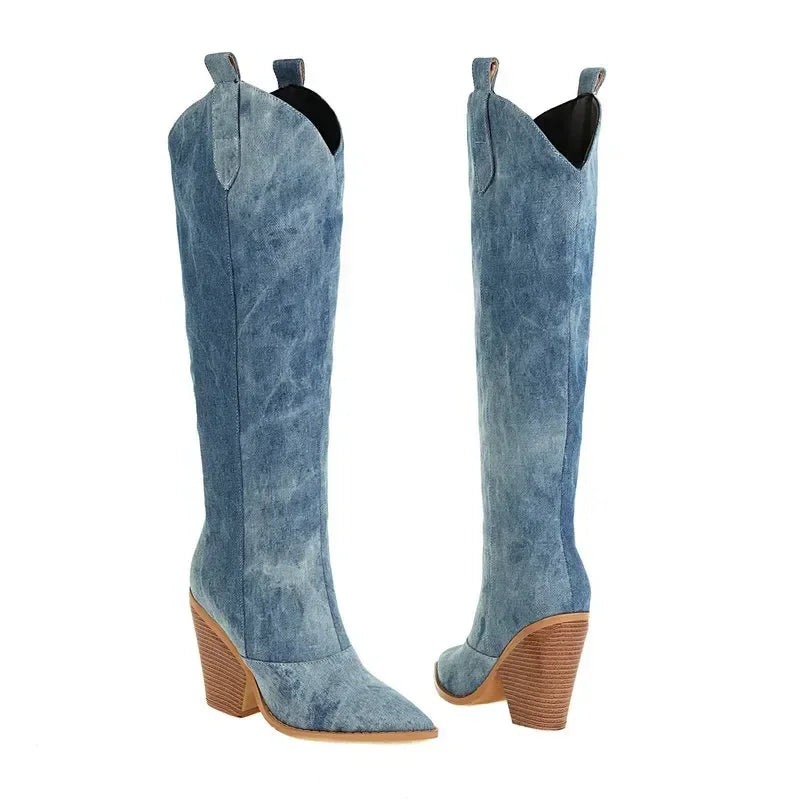 High denim pointed heel boots - Fern