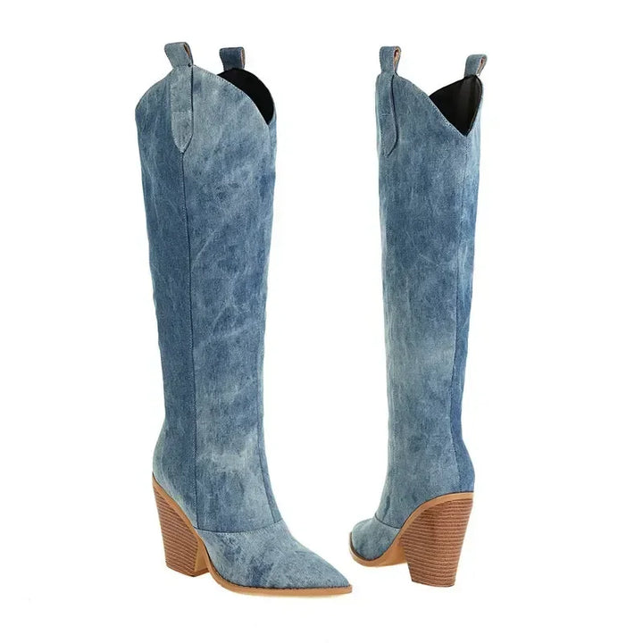 High denim pointed heel boots - Fern