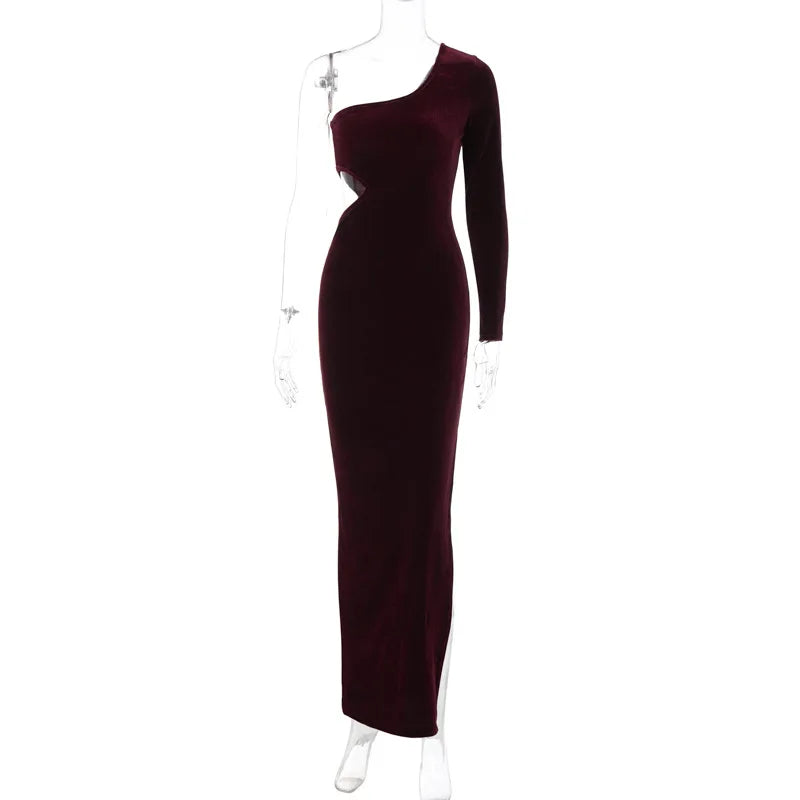 שמלת מקסי קטיפה שרוול אחד גב חשוף - אלינה