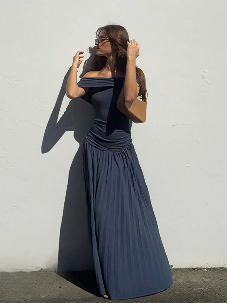 שמלת מקסי סרוגה כיווצים אלגנטית כתפיים חשופות - אלינור