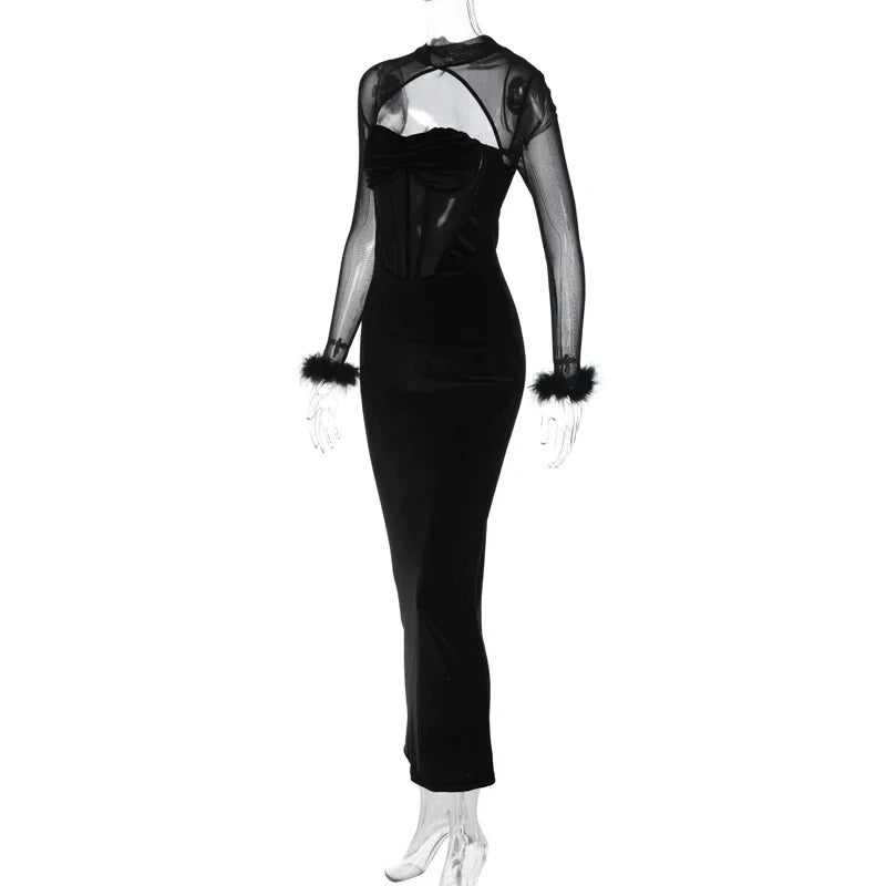 שמלת מקסי קטיפה סטרפלס בעיצוב מחוך בעיטור שרוולון רשת נוצות - Elaina