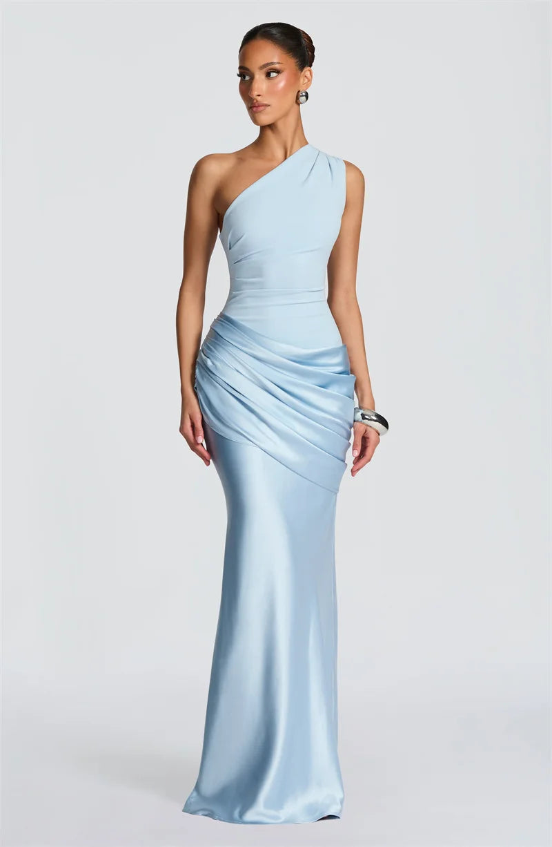 One-shoulder maxi dress with satin skirt and pleats - WENDI