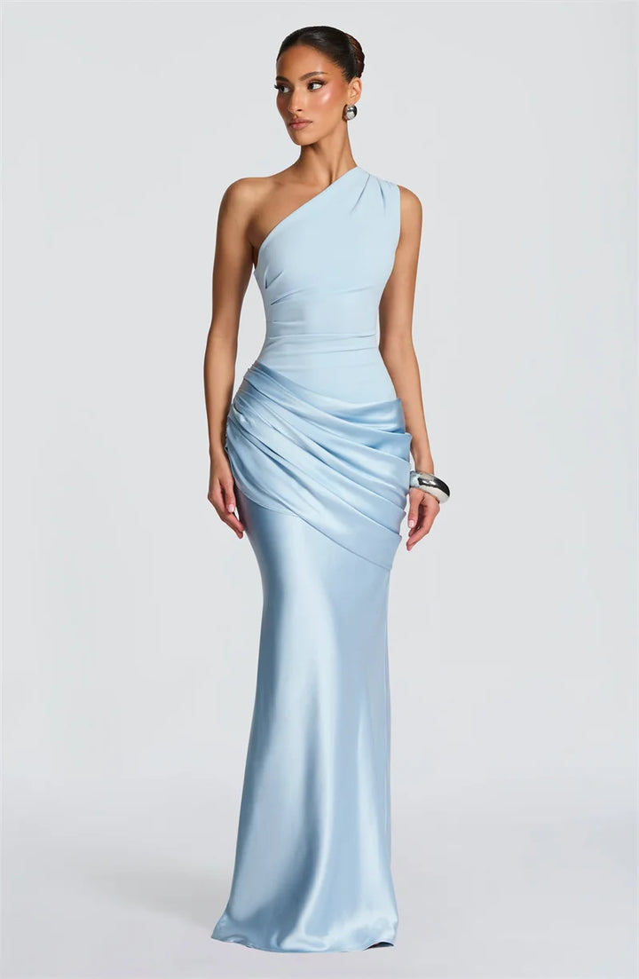 One-shoulder maxi dress with satin skirt and pleats - WENDI
