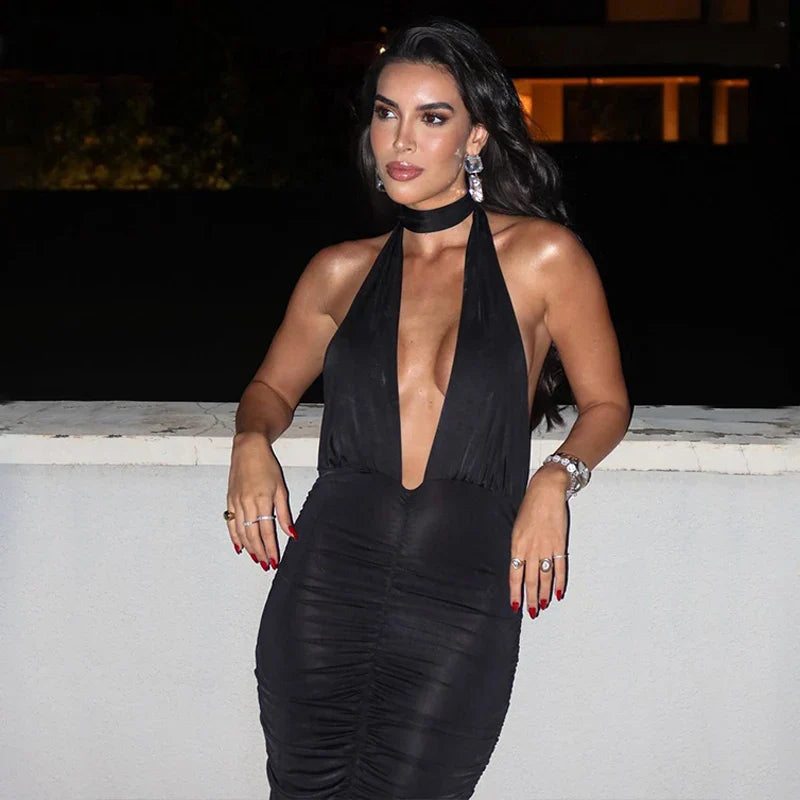 שמלת מקסי קולר כיווצים צמודה צווארון V גב פתוח - Jimena