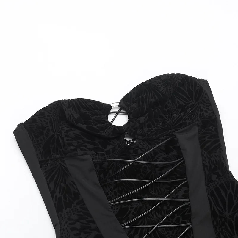 אוברול סטרפלס רשת בעיצוב קטיפה מנומרת בעיטור אבזם חישוק - בלאק לונה