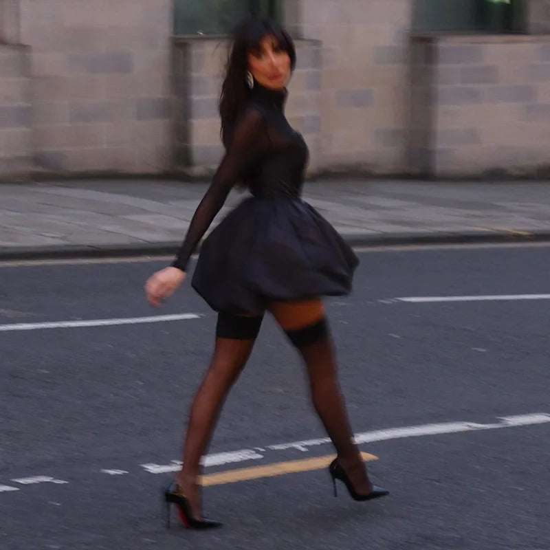 שמלת מיני בלון סאטן בעיצוב רשת צווארון חצי גולף - מורין