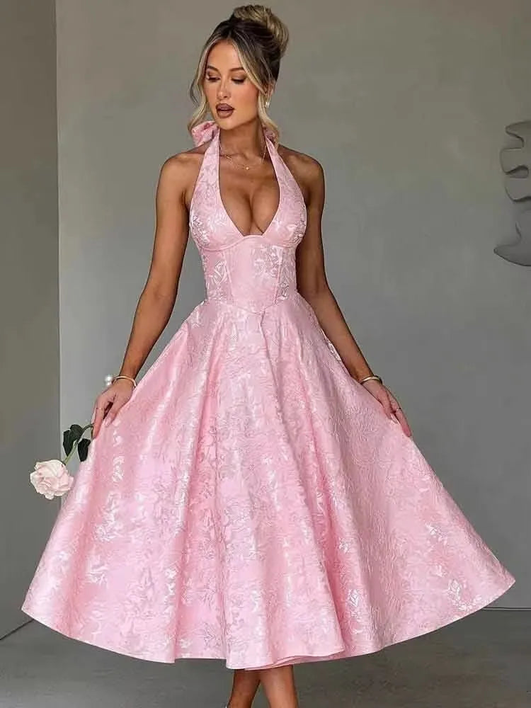 שמלת מידי בגזרת A קשירה בצוואר גב פתוח בעיטור רקמת איורי פרחים - פלורה