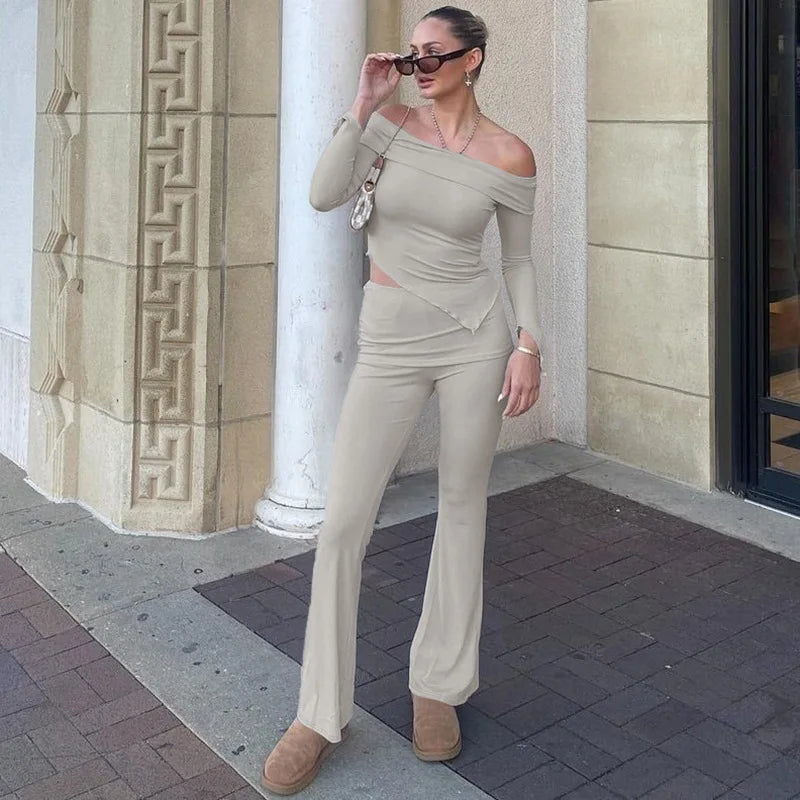 חליפת שני חלקים סרוגה חולצת כתפיים חשופות בגזרה אסימטרית ומכנסיים ארוכים - ROZIE