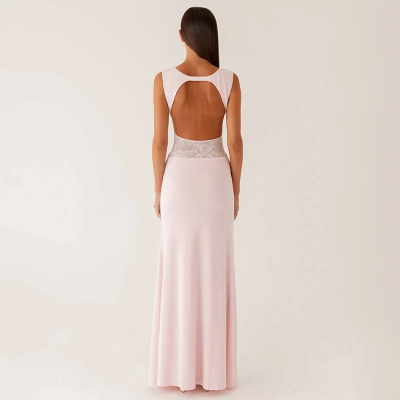 Maxi dress with lace design and open back pleats - Lilin