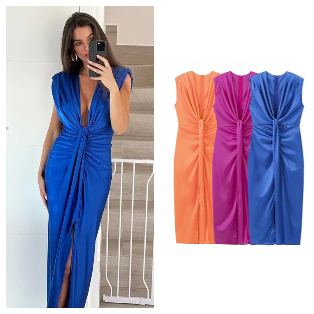 שמלת מידי סאטן בעיצוב כיווצים ומחשוף עמוק - ברי