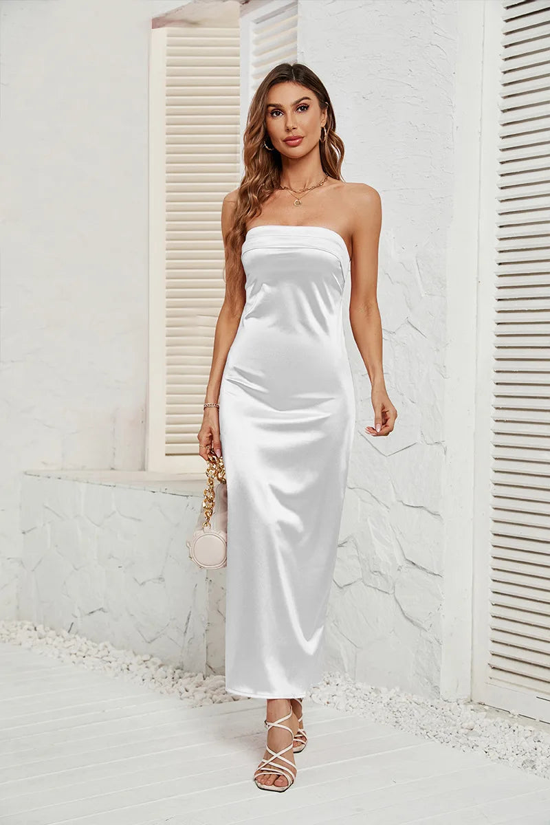 שמלת מקסי סטרפלס סאטן גב פתוח - ANATALYA