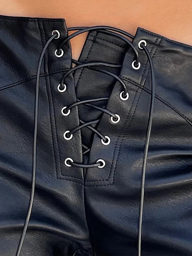 מכנס עור גזרה גבוהה בעיטור קשירה - מיי