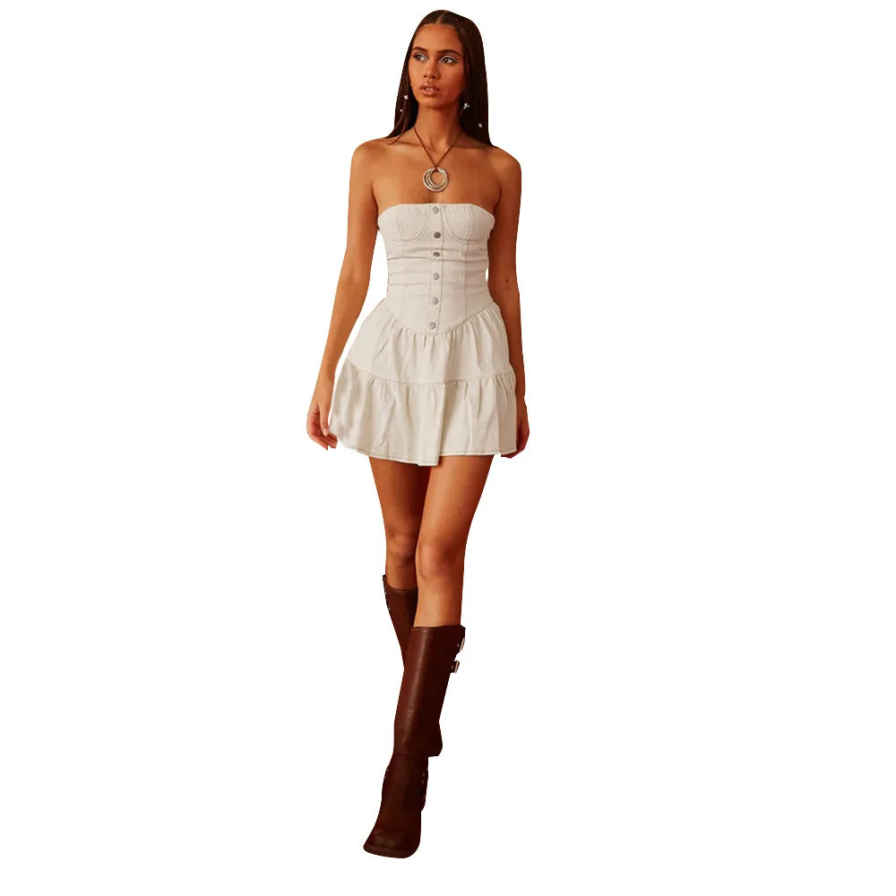 שמלת מיני סטרפלס מלמלה בד ג'ינס - שיראל