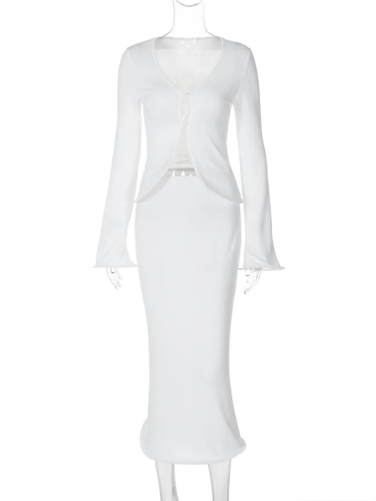 סט שני חלקים סרוג חולצה בסגירת כפתורים וחצאית מקסי - PARIS