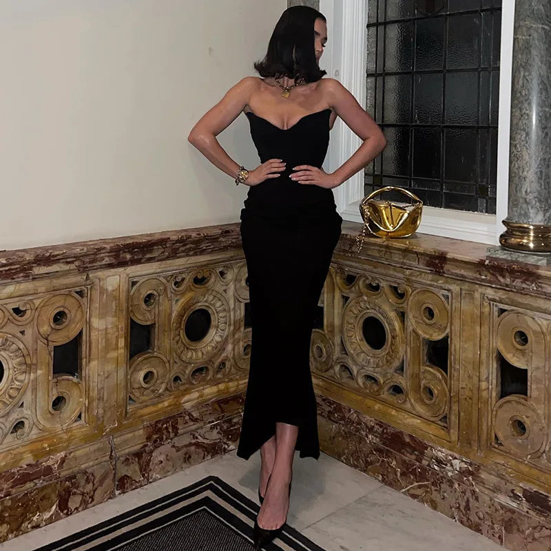 שמלת ערב מקסי סטרפלס מחויטת בד מחטב ומחמיא - ג'ון