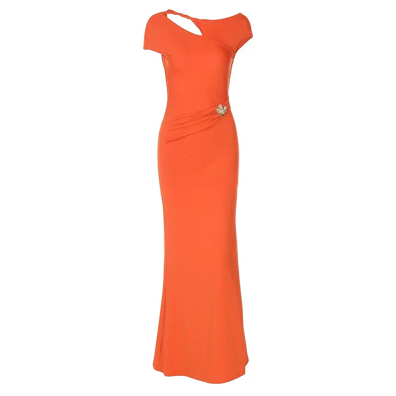 שמלת מקסי גב פתוח בעיטור אבזם פרח - מרינה