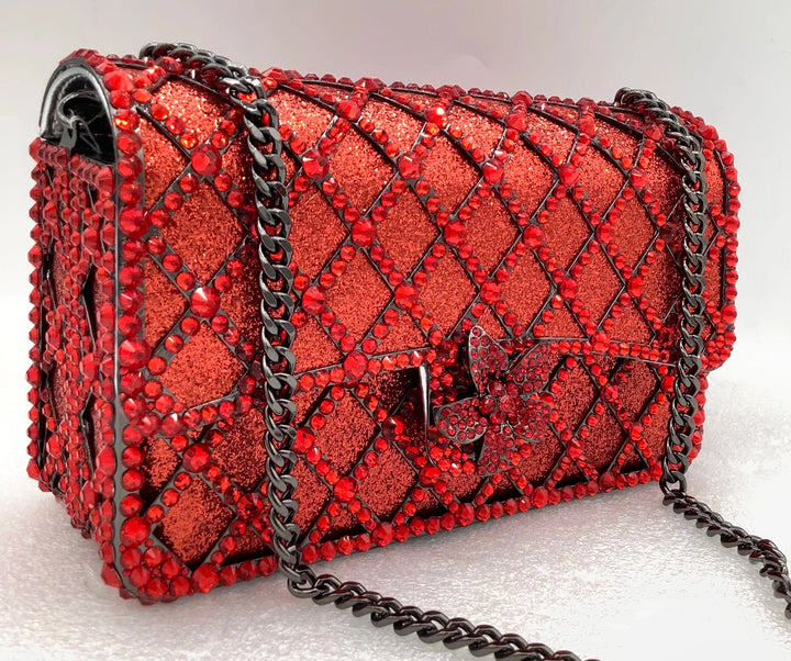 Sequin bag with diamond pattern and flower decoration