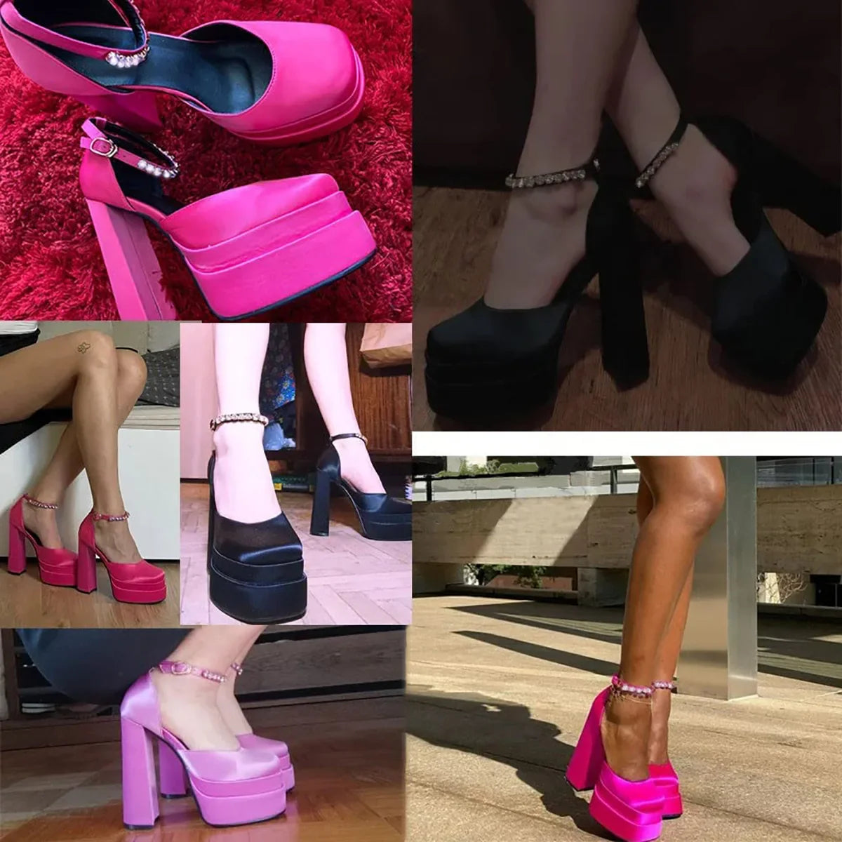 נעלי בובה עקב פלטפורמה בד משי סאטן בעיטור יהלומים - מליס