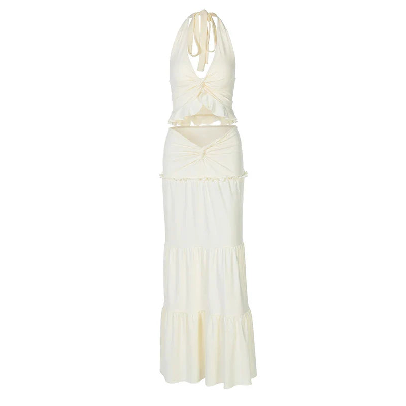 סט שני חלקים חצאית מקסי וטופ קשירה בצוואר - לורנזה